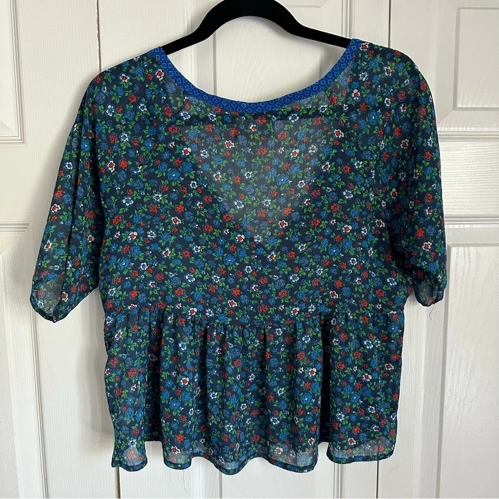 Hollister Womens S Blue Ditsy Floral  Pleated Sheer Chiffon Top Boho Cottage - Picture 4 of 16